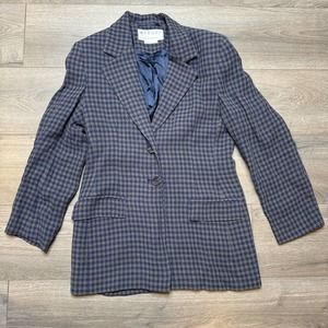 Jaeger Blue 2-Button 100% Wool Blazer Britain Jacket Coat Gingham Women's 10